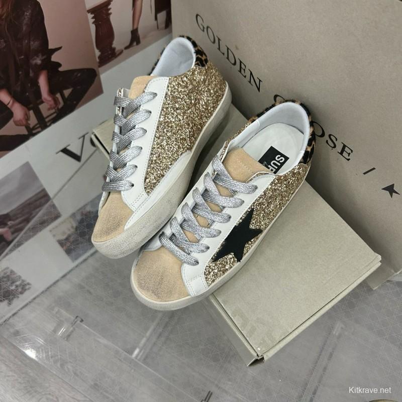 2025 Women GGDB Gold Glitter Black Leather Star Leopard Print Suede Sneakers