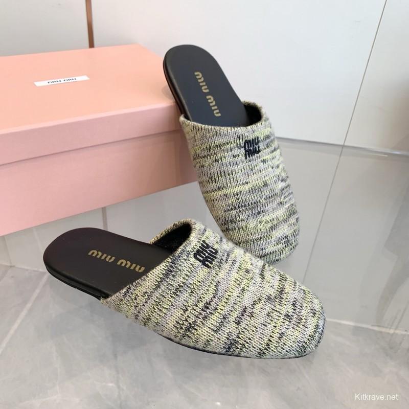 2025 Miu Miu Grey Black Fabric Slippers