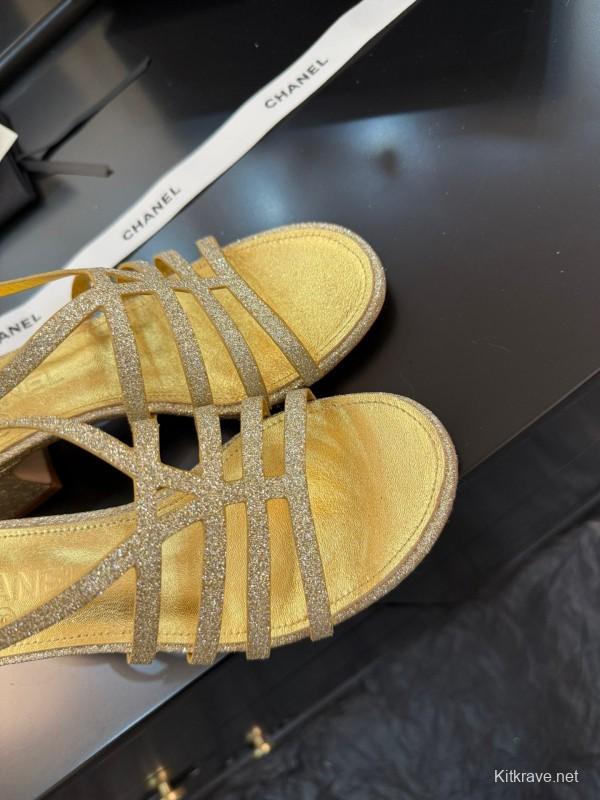 2025 Women Chanel Gold Fabric Sandals KFY00289