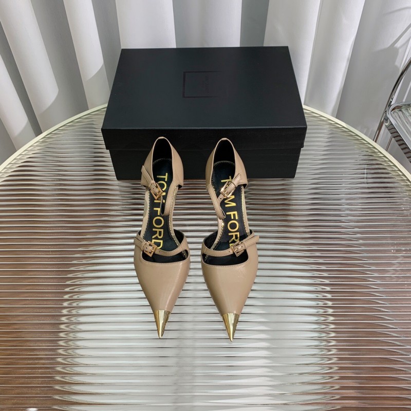 2025 Women TOM FORD Beige Leather Pointed Toe Metal Tip Pumps KFY00320