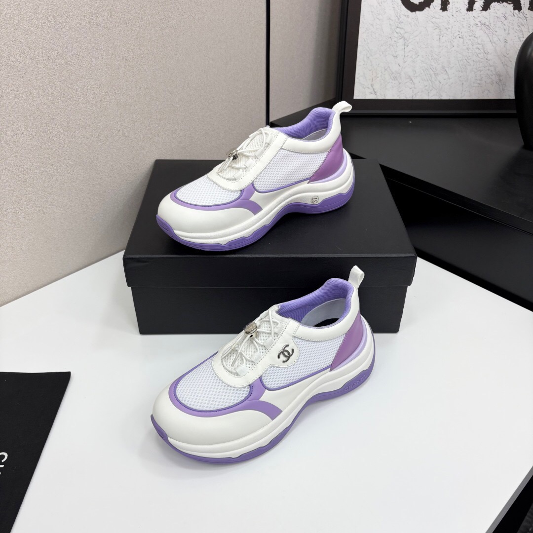2025 Women Chanel White And Purple Leather And Mesh Casual Sneakers Chunky Sole Classic Logo LY00360(F)