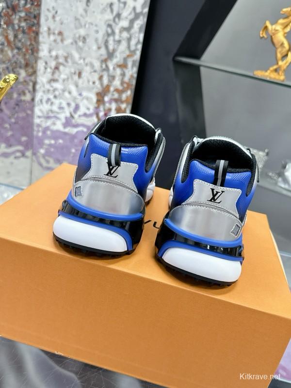 2025 Men Louis Vuitton White Blue Leather Mesh Sneakers MJ00420