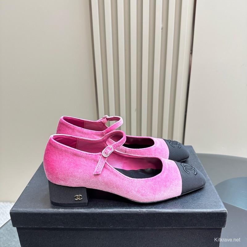 2025 Women Chanel Pink Black Velvet Mary Jane Shoes