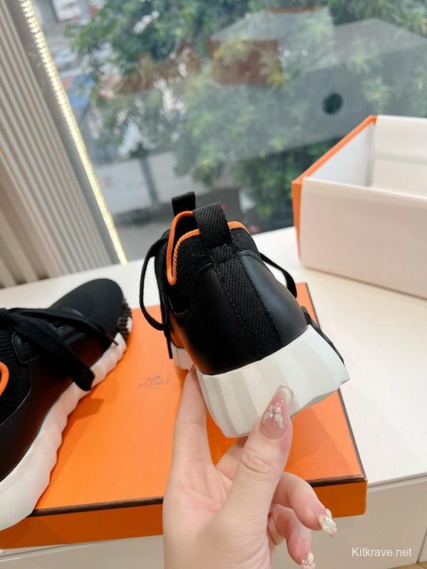 2024 Unisex Hermès Black Orange Knit Sneakers