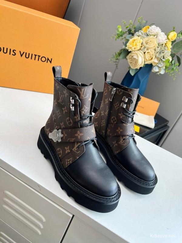 2024 Women Louis Vuitton Brown Black Leather Ankle Boots MJ00310