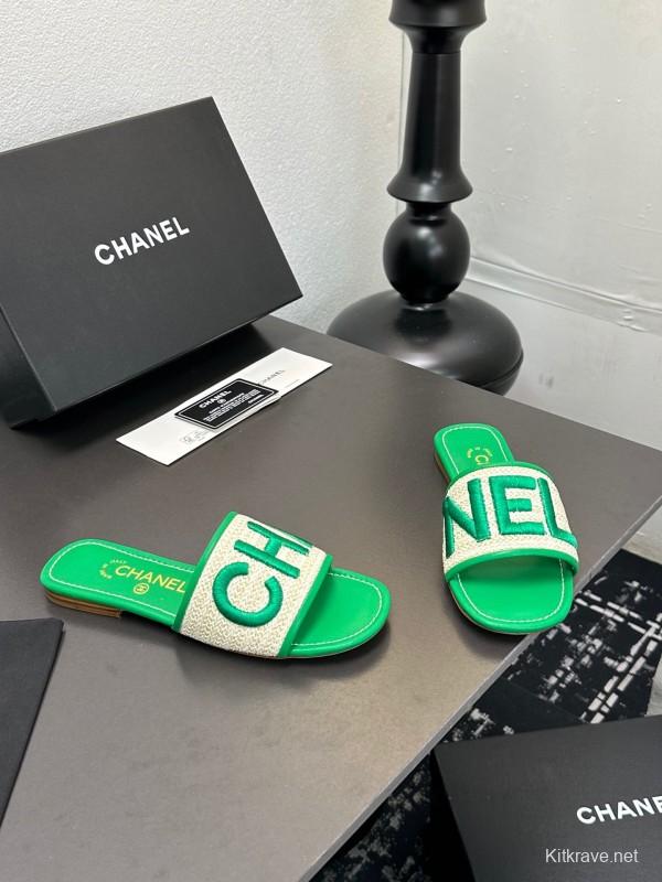 2025 Women Chanel Green Canvas Slippers