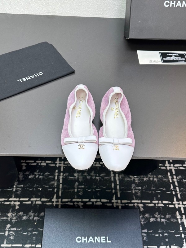 2025 Women CHANEL White Purple Leather Bow Ballet Flats Unisex LY00360(F)