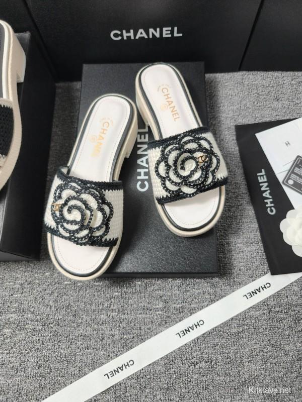 2025 Slippers Chanel Black White Fabric Camellia LY00000