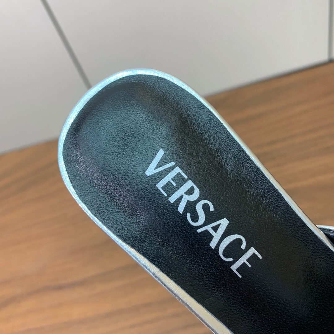 2025 Women VERSACE Silver Leather Slippers