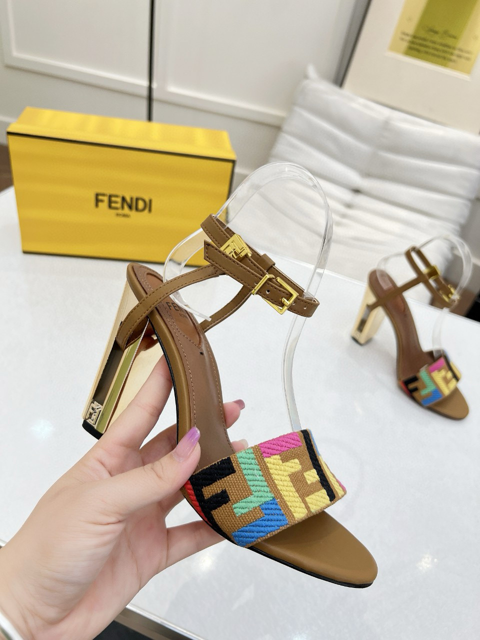 2025 Women Fendi Brown Multicolor Leather High Heel Sandals MJ00280