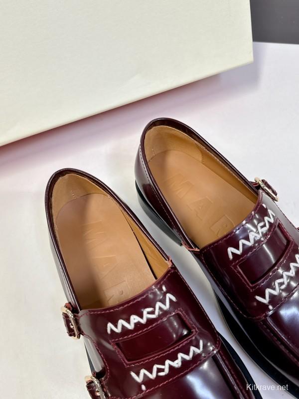 2025 Women Marni Burgundy Leather Loafers KFY00320