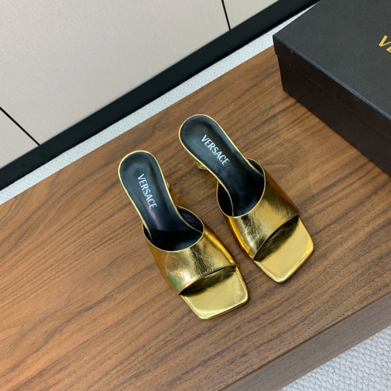 2025 Women VERSACE Gold Leather Heeled Sandals
