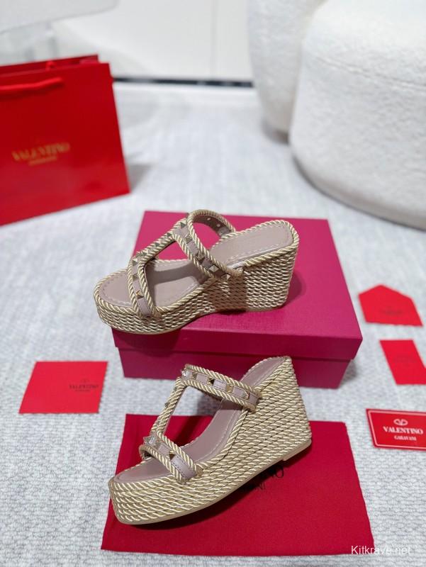 2025 Women Valentino Beige Rope Leather Wedge Sandals LY00290