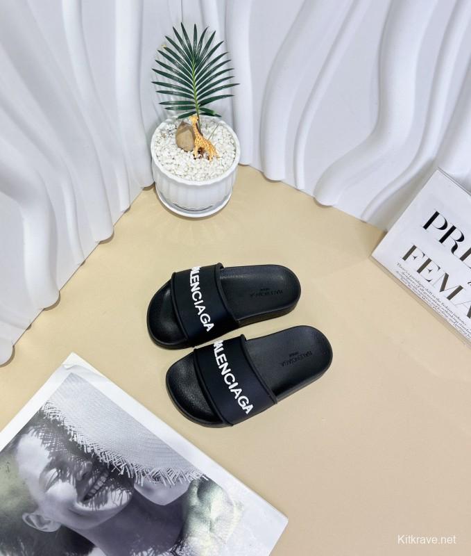 2025 Kids BALENCIAGA Black Leather Slippers