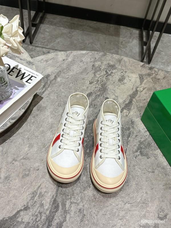 2025 Unisex Bottega Veneta White Red Canvas Lambskin Sneakers Hand Painted KFY00260(F/M)