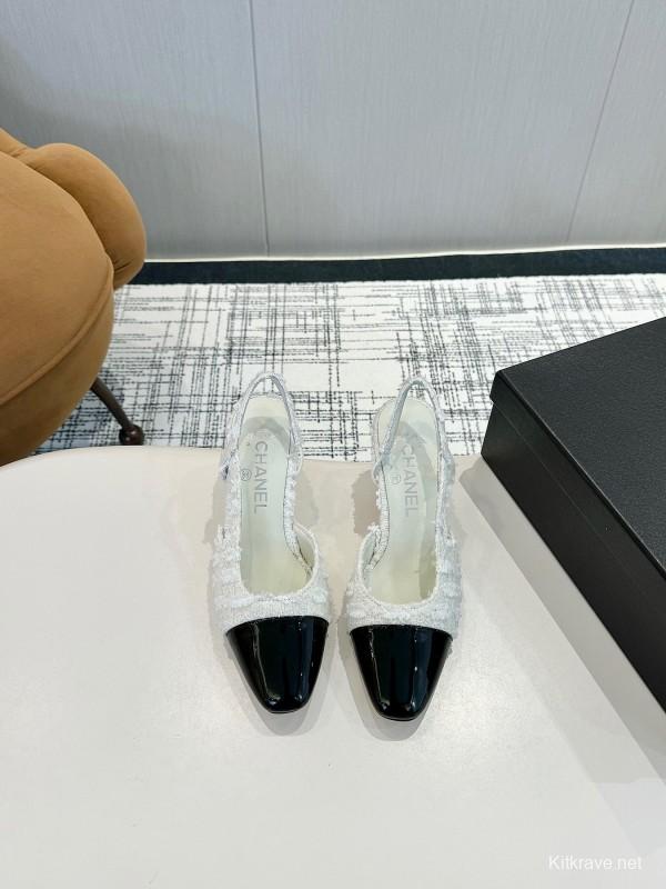 2025 Women Chanel White Black Tweed Patent Leather Slingback LY00240