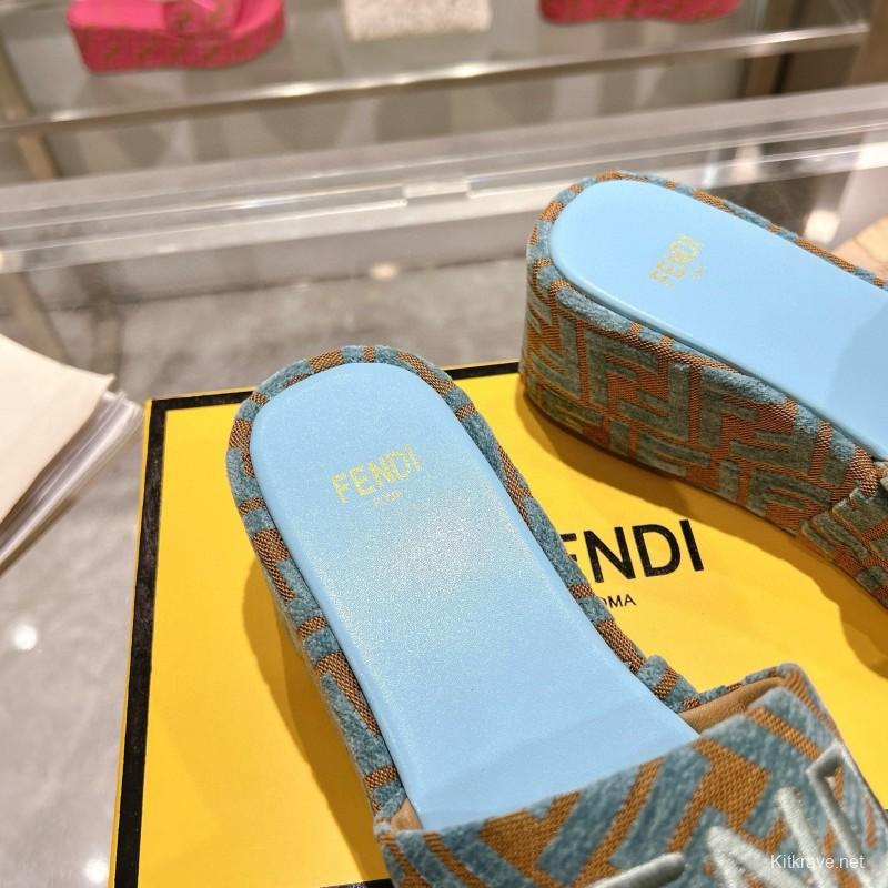 2025 Women Fendi Blue Brown Canvas Slippers