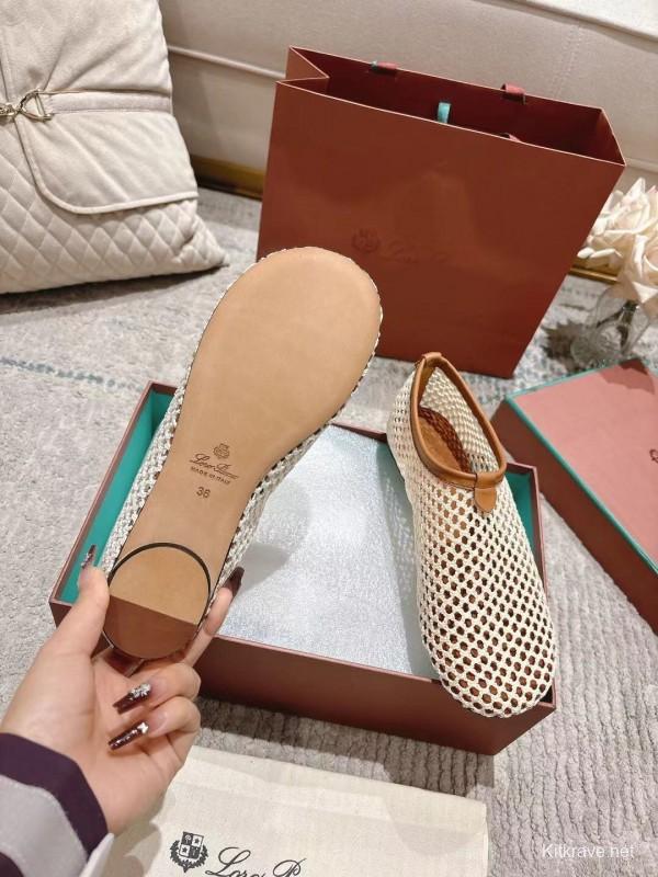 2025 Women Le Parmentier Beige Brown Mesh Ballet Flats Handmade LY00250