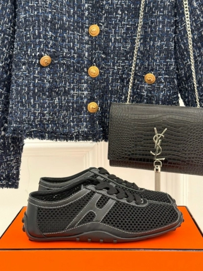 2025 Women Hermès Black Mesh Leather Sneakers