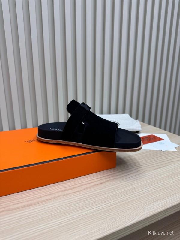 2025 Slippers Hermès Black Suede Sandals