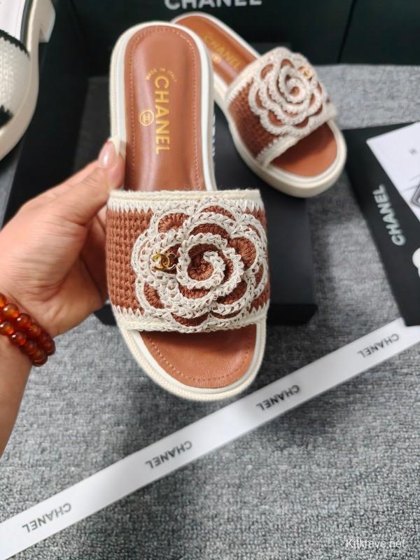 2025 Women Chanel Brown White Leather Slippers
