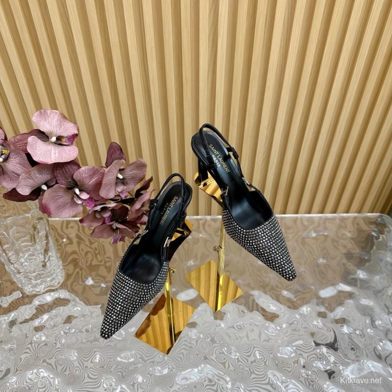2024 Women Yves Saint Laurent Black Silk Slingback Pumps Crystal Embellishment MJ00320