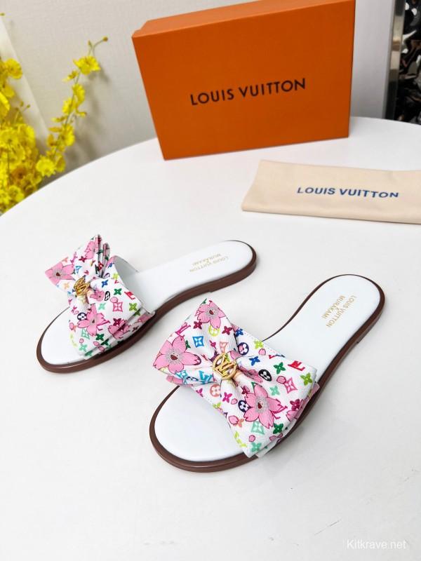 2025 Women Louis Vuitton White Pink Leather Slippers LY00190