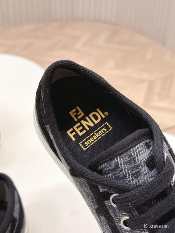 2025 Women Fendi Black Grey Fabric Leather Sneakers
