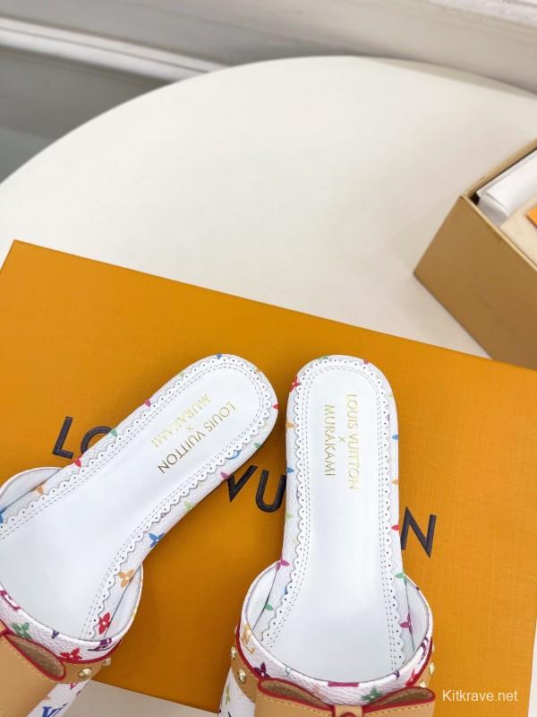 2025 Women Louis Vuitton White Multicolor Leather Slippers KFY00290
