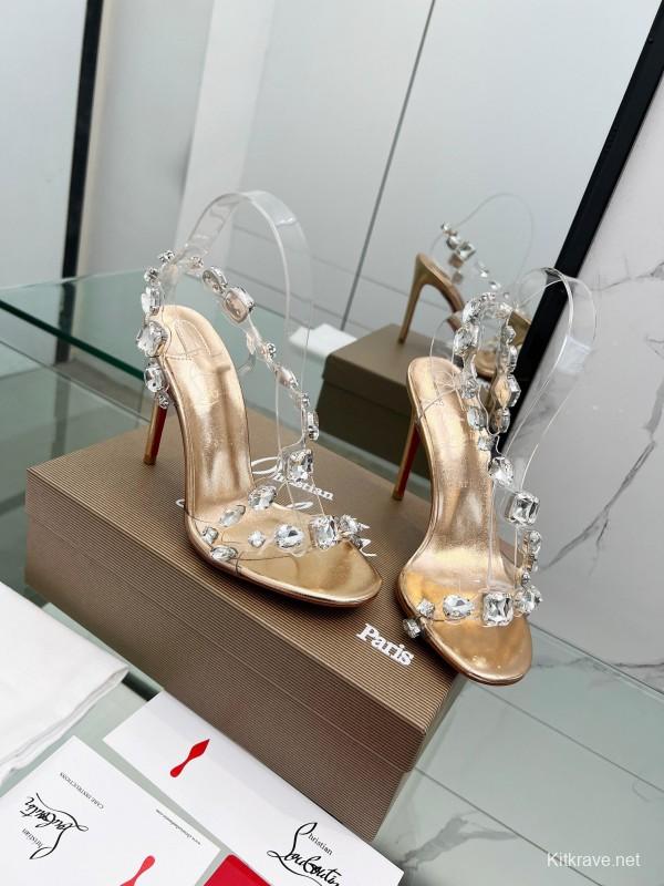 2025 Women Christian Louboutin Gold PVC Crystal High Heel Sandals LY00300