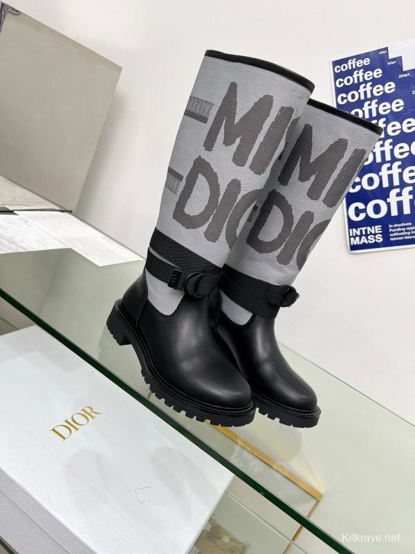 2024 Women Dior Black Grey Leather Fabric Knee High Boots