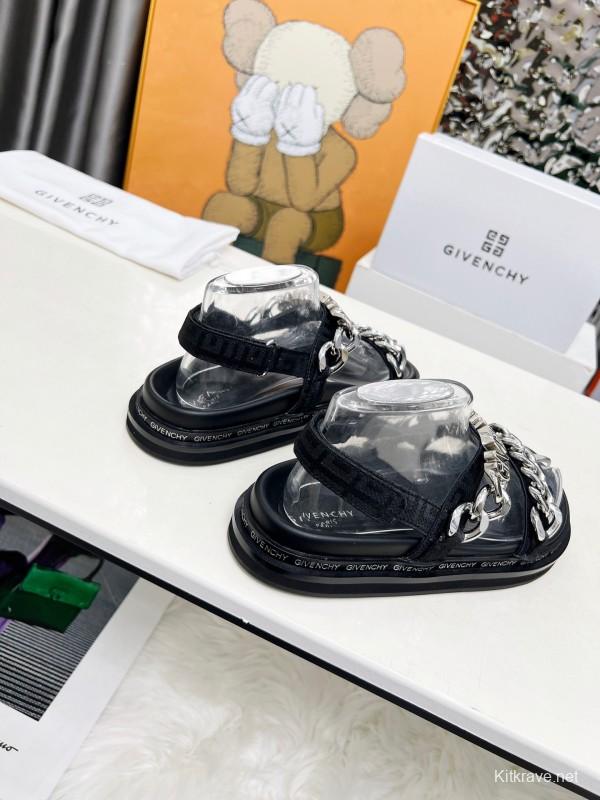 2025 Women Givenchy Black Leather Sandals Chain LY00260