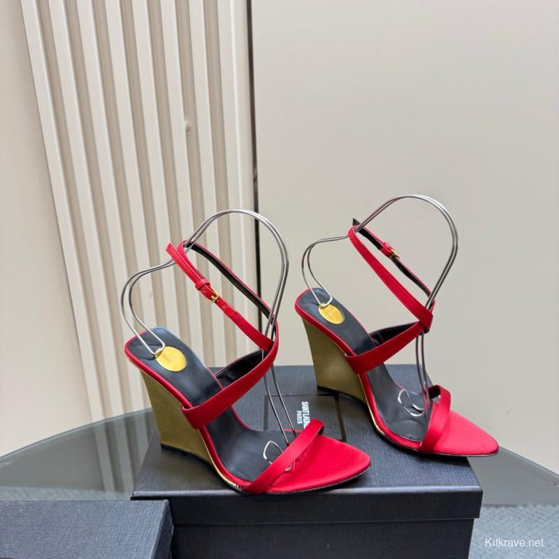 2025 Women Yves Saint Laurent Red Silk Wedge Sandals Elegant Craftsmanship LY00360(F)