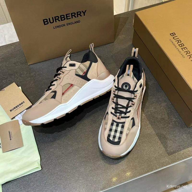 2025 Unisex Burberry Beige Black Suede Leather Cotton Sneakers Vintage Check MJ00380