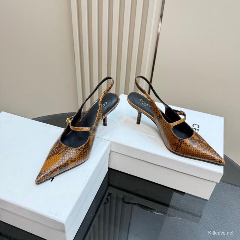 2025 Women CELINE Brown Snake Leather Slingback Pumps