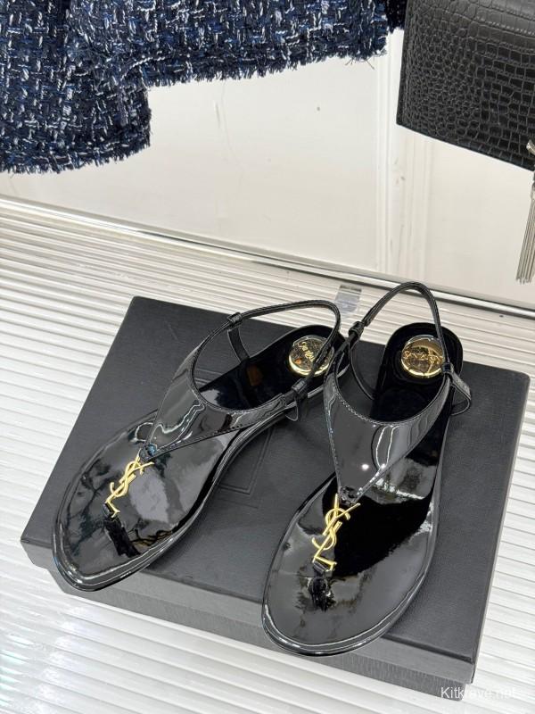 2025 Women Yves Saint Laurent Black Patent Leather Thong Sandals
