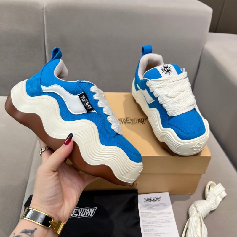 2025 Unisex HEYDAY Blue White Canvas Leather Sneakers Wavy Sole KFY00260