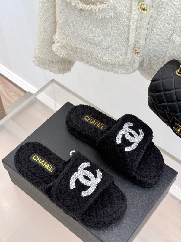 2025 Women Chanel Black Terry Cloth Slippers KFY00220