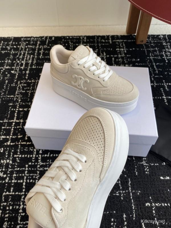 2025 Women Celine Beige Suede Platform Sneakers KFY00320