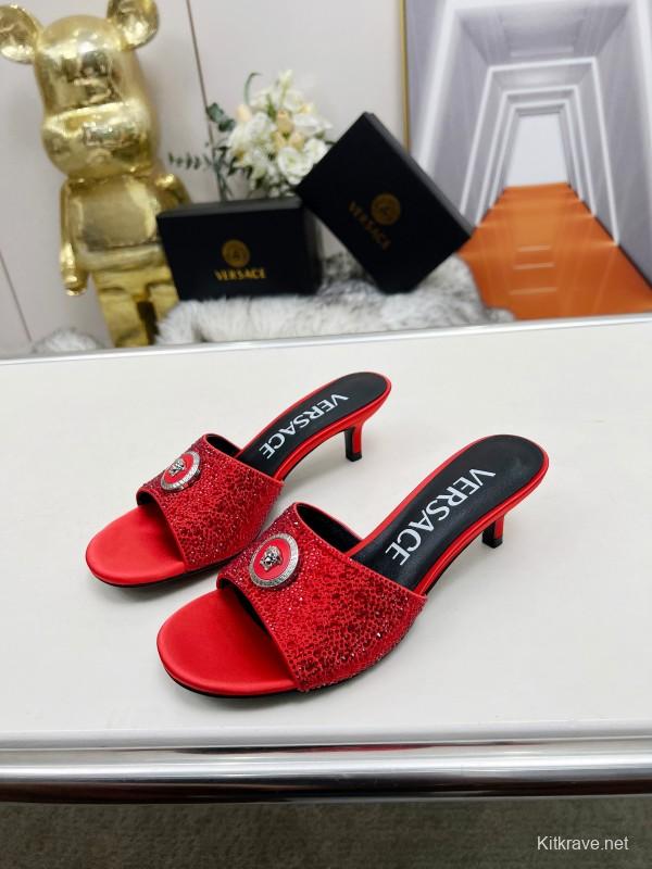 2025 Women VERSACE Red Silk Rhinestone Kitten Heel MJ00230