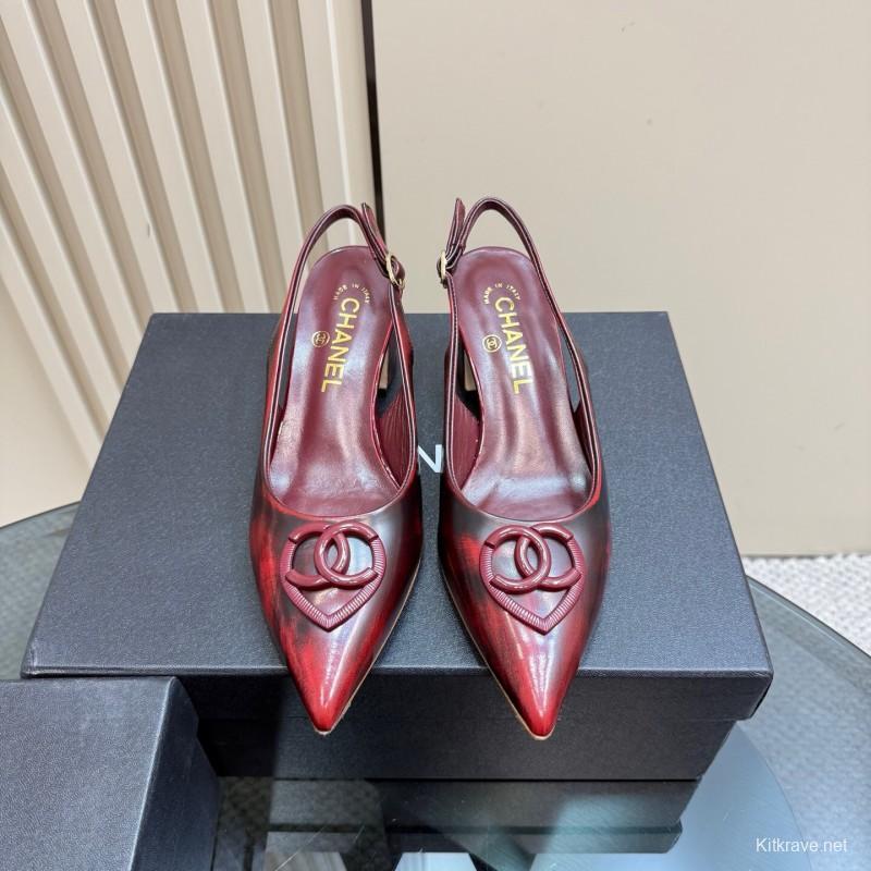2025 Women Chanel Burgundy Leather Slingback Heels KFY00290