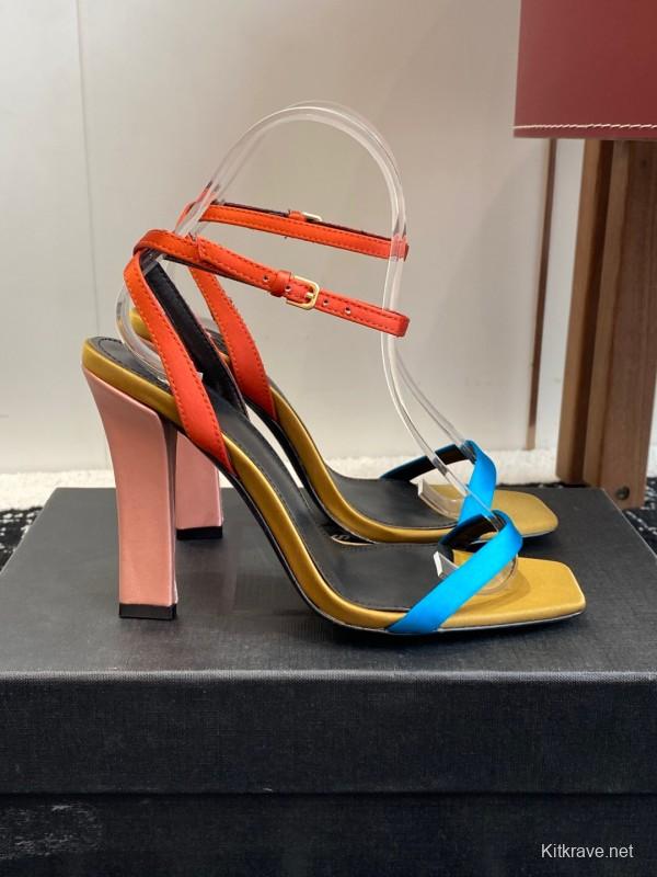 2025 Women Yves Saint Laurent Orange Black Blue Leather High Heel Sandals