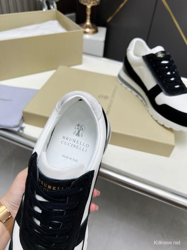 2024 Unisex Brunello Cucinelli Black White Suede Calfskin Leather Sneakers MJ00360
