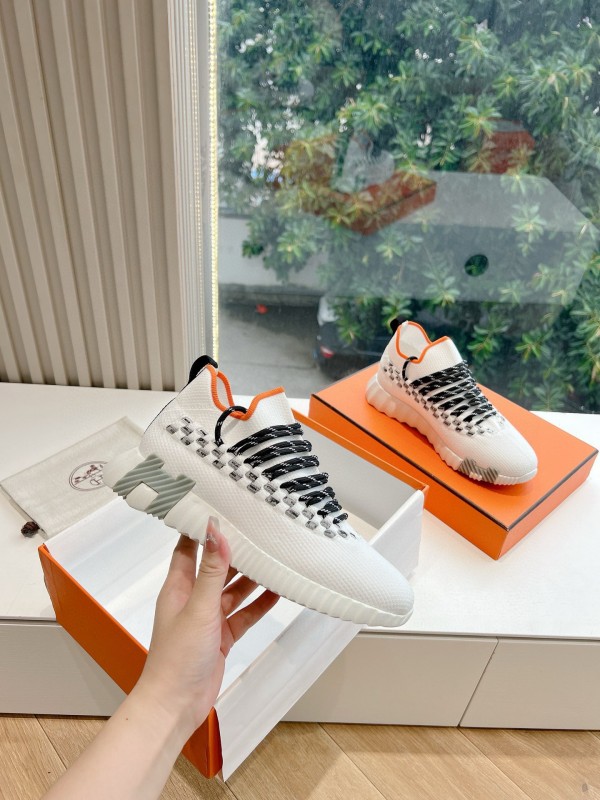 2024 Unisex Hermès White Black Orange Calfskin Suede Knit Sneakers MJ00290