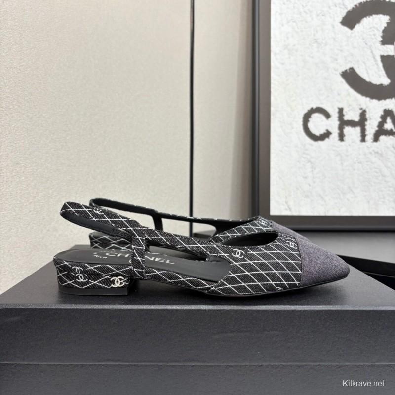 2025 Women Chanel Black White Fabric Leather Slingback LY00240