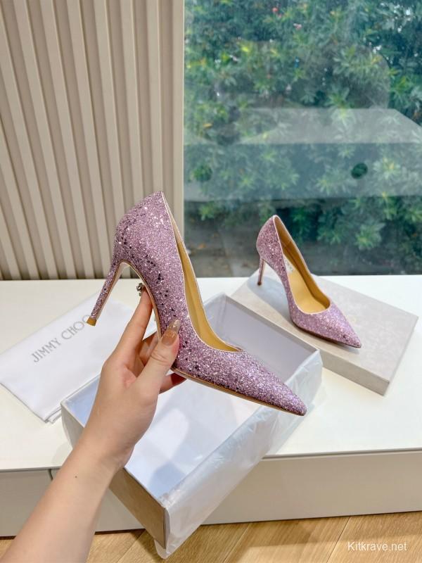2025 Women Jimmy Choo Pink Glitter Leather Stiletto Pump