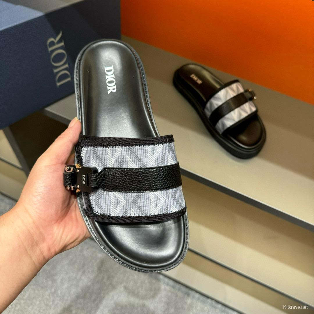 2024 Men Dior Black White Oblique Embroidered Leather Sandals H-Town MJ00190