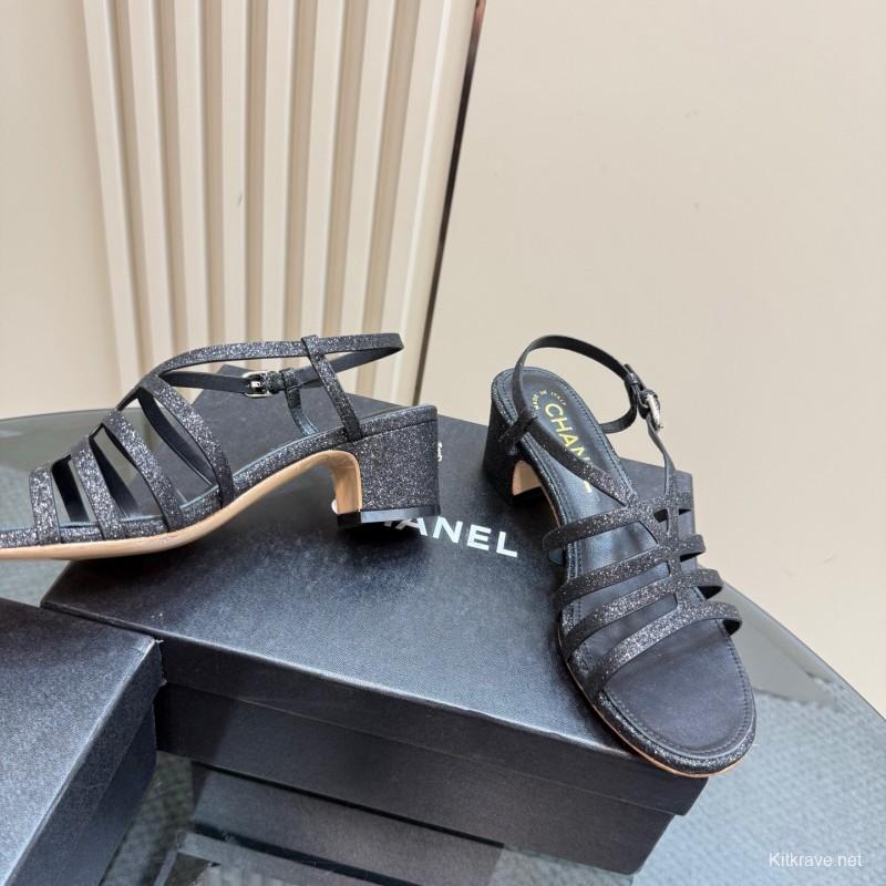 2025 Women Chanel Black Leather Sandals KFY00290