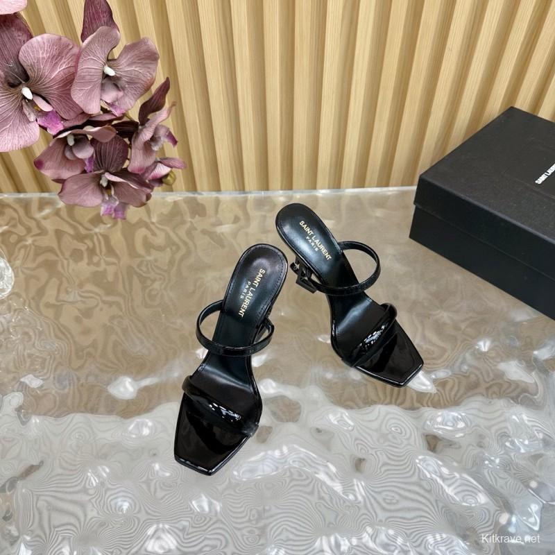 2025 Women Yves Saint Laurent Black Patent Leather High Heel Sandals MJ00310