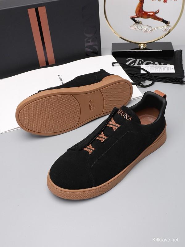 2024 Men Ermenegildo Zegna Black Brown Suede Leather Sneakers MJ00240